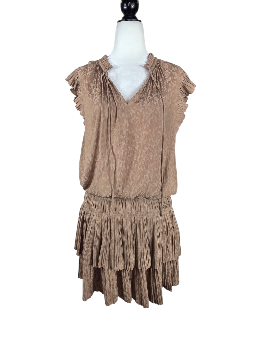 Avery Rayne Taupe Pleated Tiered Mini Dress with Ruffle Shoulders
